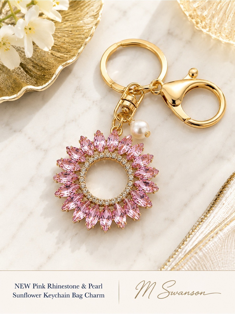 NEW Pink Rhinestone & Pearl Sunflower Keychain Bag Charm NWT
